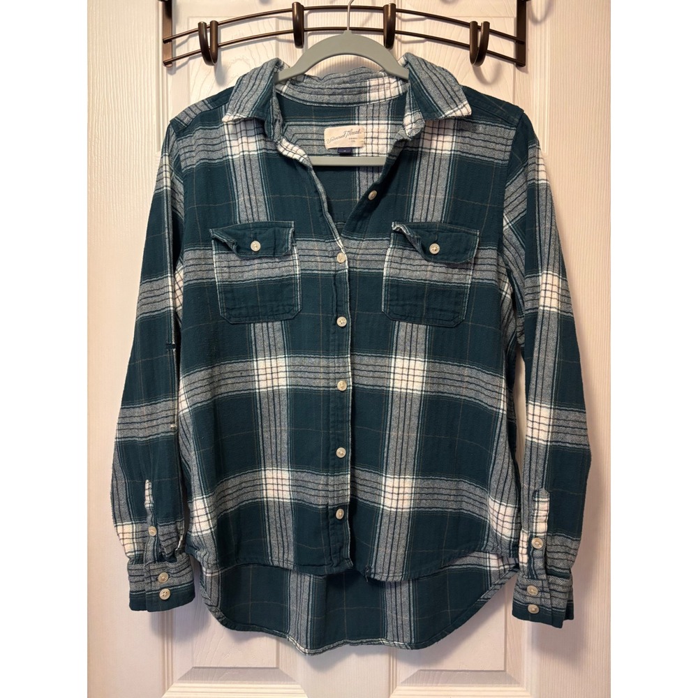 Universal Thread Teal Green Plaid Flannel Button Down Shirt Women Medium M